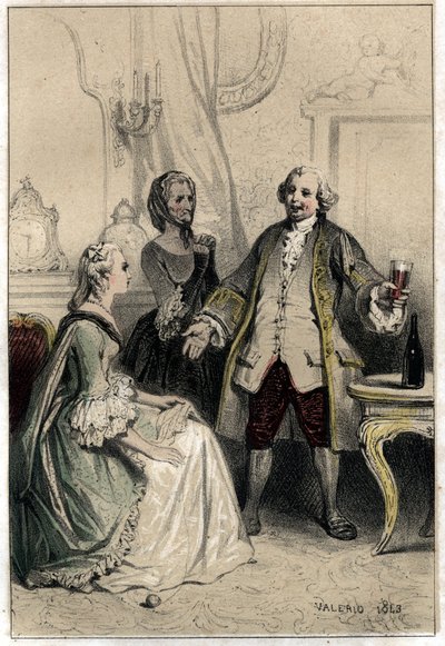 The English comedian David Garrick (1717-1779), disguised as a coach, burst into a duchess eagerful of him to try to reason her and convince her of the absurdity of her love for him Plate taken from “Scenes de la vie des hommes famous”” engraving in two sh av French School
