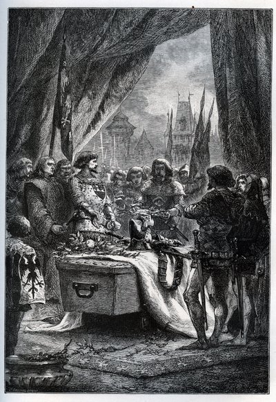 Den engelske guvernøren i Chateauneuf de Randon (Chateauneuf-de-Randon, Auvergne) overga seg og kom for å legge nøklene til plassen på kisten til Bertrand du Guesclin (1320-1380), den 13. juli 1380, foran hvem byen lå. beleiring. Le connetable die av French School