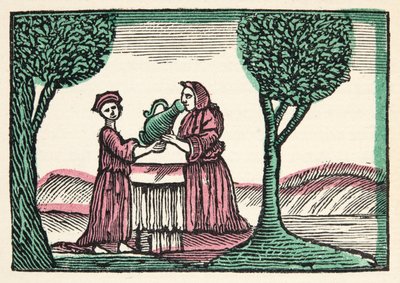 The Fairy from Histories or Tales of Past Times fortalt av Mother Goose, With Morals, av M Perrault, pub. 1925 (håndfarget treblokktrykk) av French School