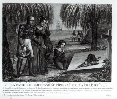 Familien til general Henri-Gratien Bertrand (1773-1844) ved graven til Napoleon Bonaparte (1769-1821) 1821 (litho) (bw-foto) av French School