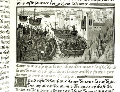 Det første angrepet på Tyre, fra Histoire du Grand Alexandre 1460 av French School