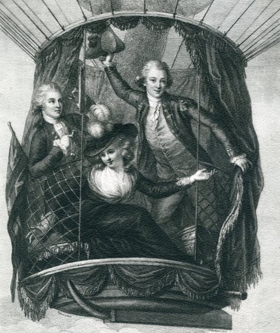 Den første ballongoppstigningen i England, 15. september 1784, fra Wonderful Balloon Ascents or the Conquest of the Skies, av Fulgence Marion, utgitt ca. 1870 av French School
