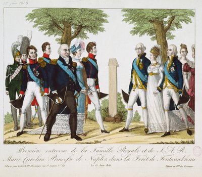 Det første møtet mellom Louis XVIII (1755-1824) og Marie-Caroline-Ferdinande (1798-1870) av Bourbon, ved Croix de St. Herem i Fontainebleau-skogen, 15. juni 1816, 1816-30 (farget engr. av French School