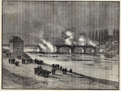 The Franco-Prussian War - The defence of Paris-burning the Bridge of Asnieres - Fire of the bridge of Asnieres during the siege (defense) of Paris Engraving in “” Les combatants de 1870-71”” by commander Leonce Rousset (1850-1938) - Franco Prussian War - ( av French School
