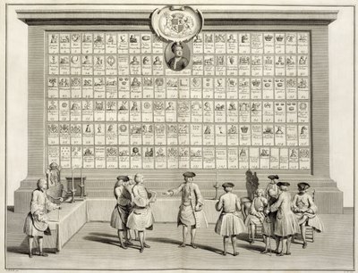 The Free Masons, med skilt for de forskjellige logene, fra The Ceremonies of Religion and Custom, ca. 1733 av French School