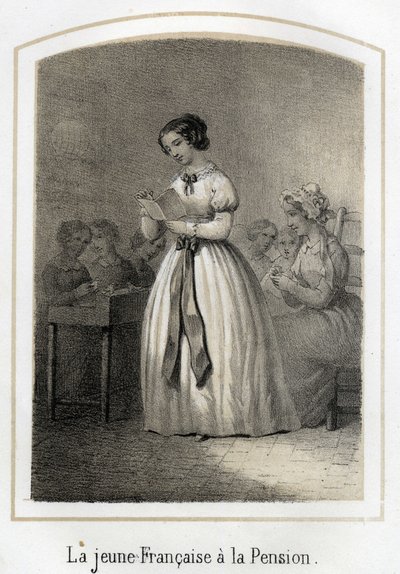Den franske jenta leser for klassekameratene. Anonym gravering fra 1800-tallet av French School