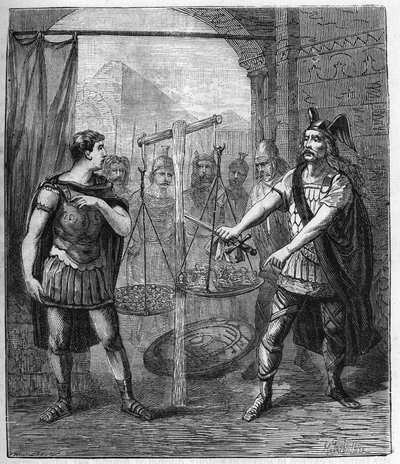 Den galliske hærlederen Brennos (Brennus) beseirer romerne og proklamerer "" Vae Victis"" (Ve de overvunnede), gallerne krevde løsepenger etter deres erobring av Roma - Brennus leder av den galliske stammen av Senons uttaler den skjebne av French School