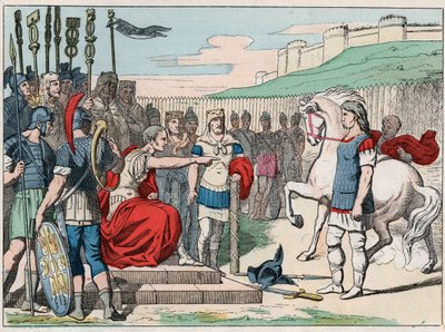 Den galliske kokken Vercingetorix (80-46 f.Kr.) drar til Jules Cesar (100-44 f.Kr.) til Alesia i 52 f.Kr. - Vercingetorix (72-46 f.Kr.) gallisk leder, overga seg til Cæsar i Alesia (Frankrike) - Gravering av slutten av det 19. århundre i "" Nos G av French School