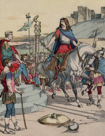 Den galliske høvdingen Vercingetorix (72-46 f.Kr.) overga seg til den romerske høvdingen Julius Caesar (100-44 f.Kr.) etter slaget ved Alesia i 52 f.Kr. - "" Den galliske lederen Vercingetorix (72-46 f.Kr.) overga seg til den romerske høvdingen Jules Cesar av French School