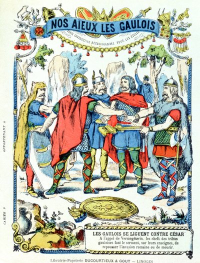 De galliske lederne i ligaen mot Julius Caesar (100-44 f.Kr.) ledet av Vercingetorix (d.46 f.Kr.) fra et beskyttende erme for skolebøker, sent på 1800-tallet av French School