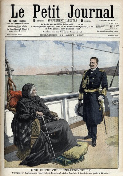 The German Emperor William II (1859-1941) visited the former imperial Eugenia (1826-1920) on board his yacht “Thistle”, ”Le petit journal” le 11 August 1907 (engraving) av French School