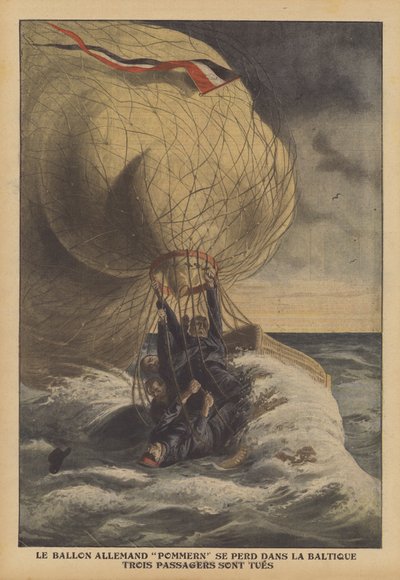 Den tyske ballongen Pommern styrter i Østersjøen (farge litho) av French School