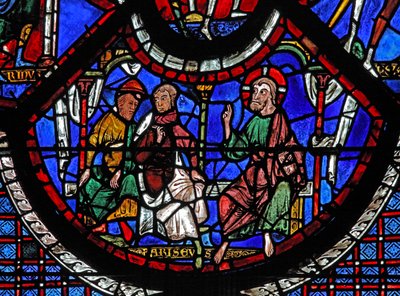 Det barmhjertige samaritan-vinduet: Kristus forteller lignelsen om den barmhjertige samaritan (w44) av French School