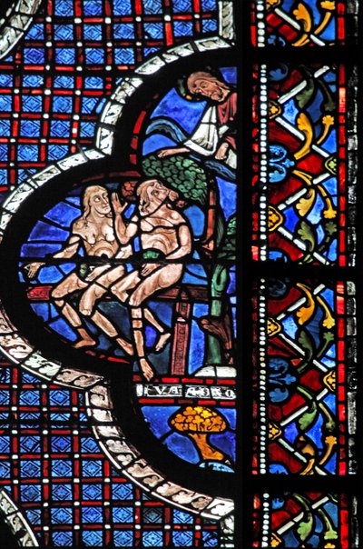 Det barmhjertige samaritanske vinduet: Gud kaller Adam og Eva (med fikenblader) (w44) av French School
