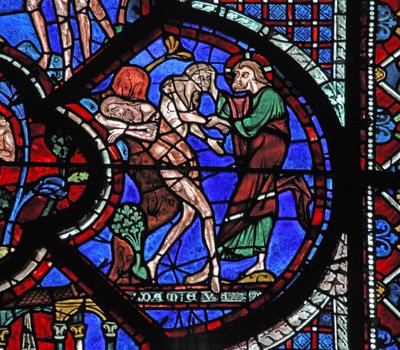 Det barmhjertige samaritanske vinduet: Gud skaper kvinnen fra ribbenet til den sovende Adam (w44) av French School
