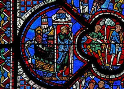 Det barmhjertige samaritanske vinduet: en mann forlater Jerusalem (w44) av French School