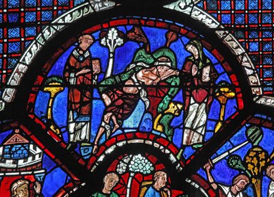 Det barmhjertige samaritanske vinduet: en prest og Levi går forbi (w44) av French School