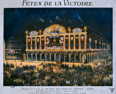 Grands Magasins du Louvre dekorert for feiringen av 1918-seieren, 14. juli 1919 av French School