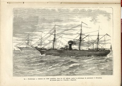 «Guadeloupe», et 2500-tonns fartøy, er 110 meter langt, bærer den botsmessige pilegrimsreisen til Jerusalem., Anonymous, The Pilgrim av French School
