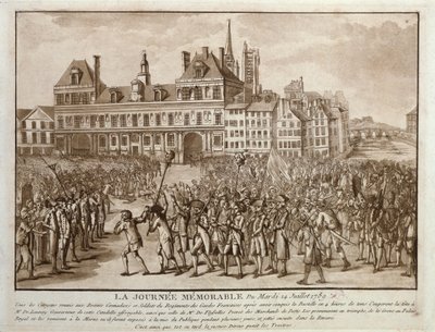 Lederne av Launay og Flesselles promenerte foran Hotel de Ville, 14. juli 1789 av French School