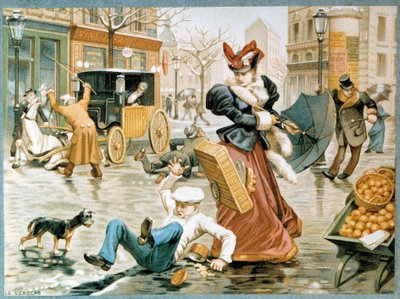 Isscene de rue i Paris om vinteren, en kontorist glir på gulvbordet på grunn av isen, samt en hest som trekker en vogn, 20. århundre (kromolitografi) av French School
