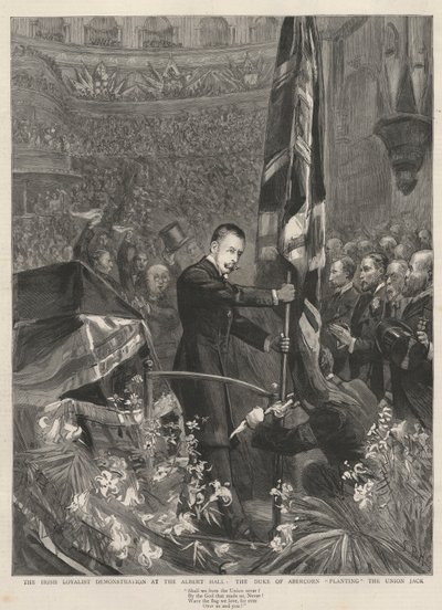 Den irske lojalistdemonstrasjonen i Albert Hall, London, 1893: Hertugen av Abercorn (James Hamilton) (1811-1885) planter Union Jack. av French School