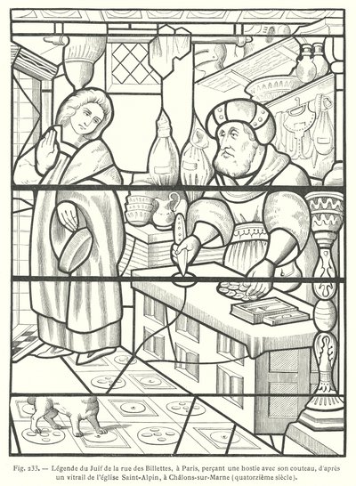 Jøden i Rue des Billettes, Paris, vanhelliget verten ved å stikke hull i den med kniven, etter et glassmaleri fra 1300-tallet i kirken Saint-Alpin, Chalons-sur-Marne, Frankrike (gravering) av French School