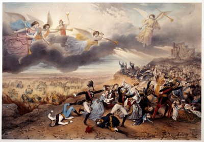 Guds dom. Apokalypsens engler blåser i trompeter og kunngjør den siste dommen før monarkene og andre hovedpersoner i fransk historie, Napoleon I og representanter for det gamle regimet brenner i helvetes flammer. Illustrasjon laget av French School