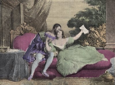 The King of France Francois I (1494-1547) with Diane de Poitiers (1499-1566) Lady of Breze, Duchess of Valentinois. Lithograph of Daveria from 1832 in “” Laughs Et Galanterie””. Weekly Collection of Galantes Images on the direction of John Grand-Carteret.  av French School
