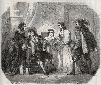 The King of France Louis XIII (1601-1643) is caught with migraine when he speaks to Queen Anne of Austria (1601-1666). Engraving from 1871 in “Histoire Des Cocus Celebres”” by Henry de Kock (1819-1892). av French School