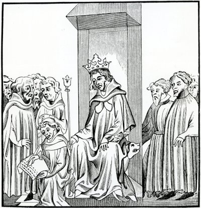 Kongen av frankerne dikterer den saliske loven, etter en miniatyr i Chronicles of St. Denis av French School