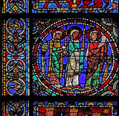 The Life of Christ-vinduet: Tre helgener som deltar på presentasjonen i tempelet (med neste panel) (w50) av French School