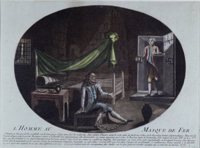 Mannen i jernmasken (d.1703) fengslet i Bastillen, trykk fra 1789-90 som identifiserer ham som Louis de Bourbon, Comte de Vermandois, sønn av Louis XIV (1638-1715) og Louise de la Valliere (16) av French School