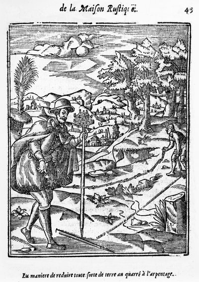 The Way in which to Reduce any form of Ground to the Surveying Square, illustrasjon fra LAgriculture et Maison Rustique av Charles Estienne, utgave publisert 1641 av French School