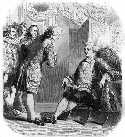 Markisen de Puysieulx tar imot Philippe Nericault Destouches (1680-1754) og hans gruppe med omreisende komikere. Gravering fra 1858-1859. av French School