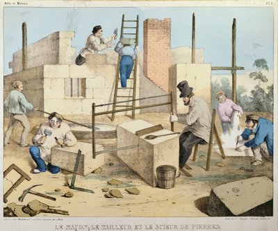 Mureren, steinskjæreren og steinsageren, ca. 1860 av French School