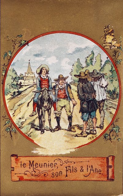 The Miller, his Son and the Donkey, ca. 1880 (farget gravering) av French School