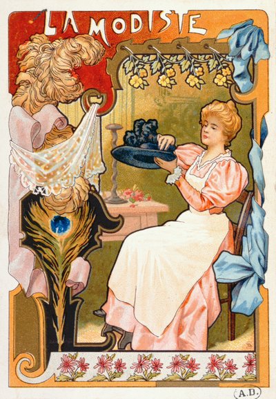 The Milliner, fra en serie litografier som skildrer forskjellige bransjer, 1899 av French School