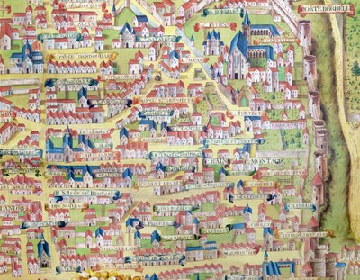 Montagne Sainte-Genevieve, detalj fra planen for Paris laget ca. 1540, kalt Plan de la Gouache, ca. 1860 av French School