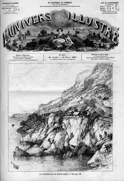 The Monte Carlo (Monte-Carlo) disaster: train accident on the railway line along the coast. A newspaper. Engraving in “” Le Monde Illustré”” av French School