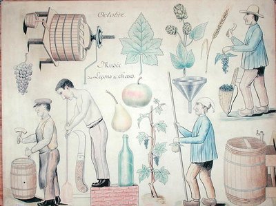 Oktober måned: Vinproduksjon (penn og blekk og fargeblyant på papir) av French School
