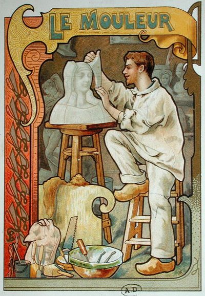 The Moulder, illustrasjon fra en bok om håndverk, ca. 1899 (farge litho) av French School