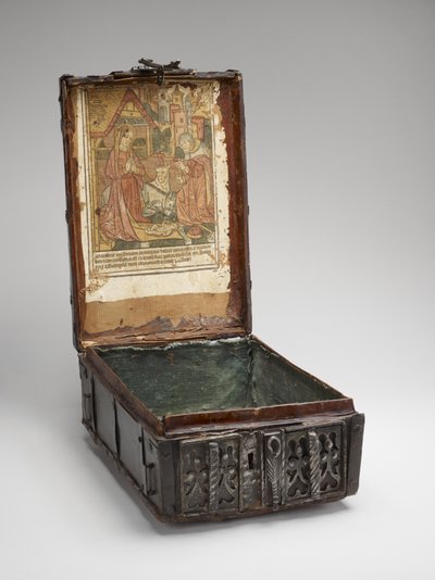 The Nativity, in Coffer, c.1490 (woodcut in black hand colored with brush, stencil & watercolor on ivory laid paper mounted on the inside cover of a coffer, constructed of wood, iron, leather, horsehair & linen) av French School