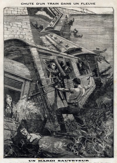 The New York Buffalo train falls into a river in the United States: a man tries to save passengers at risk of drowning. In “” Le Peute Parisien”” on 7/11/1897. Private Collection av French School