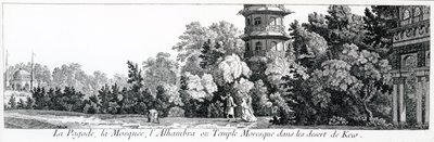Pagoden, moskeen og Alhambra eller det mauriske tempelet i Kew, fra Jardins Anglo-Chinois a la Mode, av George Louis le Rouge, utgitt 1775-78 av French School