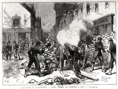 Paris-kommunen: En barrikade ved Issy, 2. mai 1871 (gravering) (bw-foto) av French School