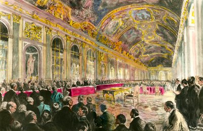 Der Friedenskongress in der Eishalle von Versailles am 28.06.1919: Präsident des französischen Rates Georges Clemenceau eröffnet die Sitzung von French School