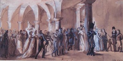 Peristyle ved Theatre Francais, ca. 1822 (farge litho) av French School