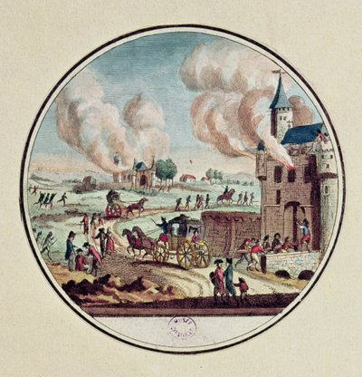 Plyndring og ødeleggelse av slott og emigrasjonen av prinser og hoffmenn i juli 1789 (fargegravering) av French School