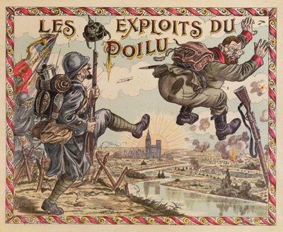 Poilus Achievements, presser tyskeren utover Rhinen, cover av et brettspill, ca. 1914-15 av French School